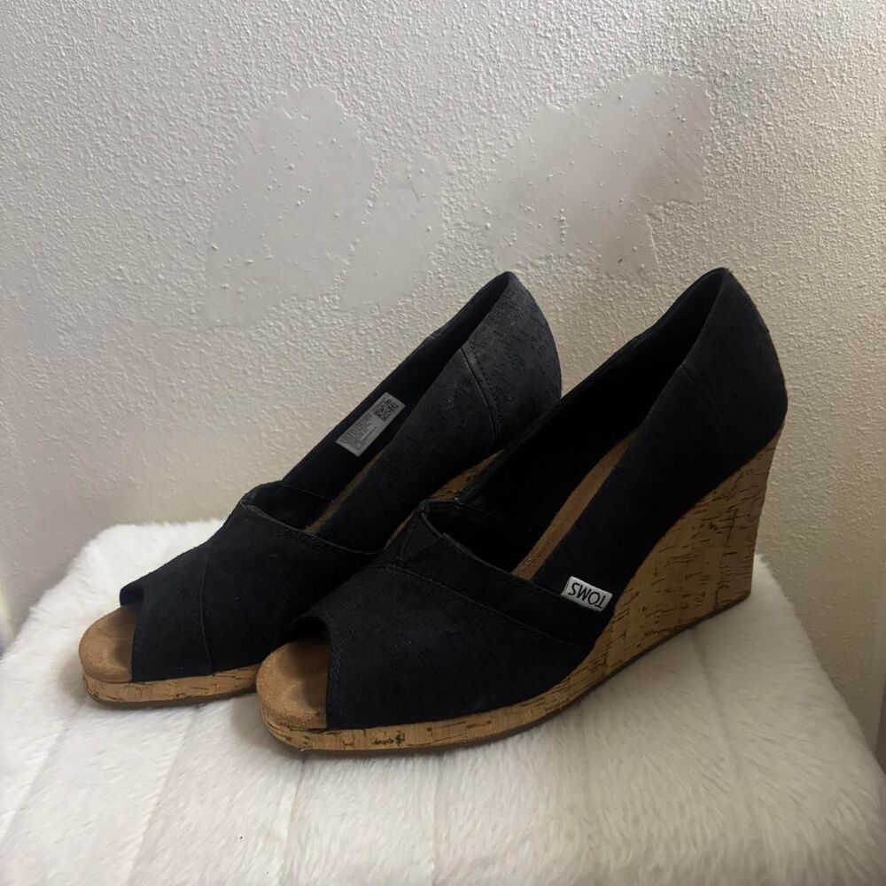 TOMS Classic Canvas Peep Toe Espadrille Wedge Sandals Women's Size 8.5 Black - Picture 2 of 5